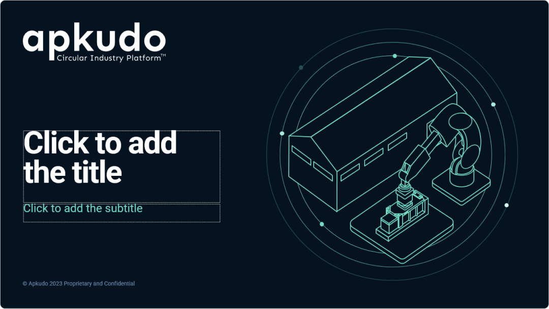 A professional title slide from a powerpoint master template, featuring the 'apkudo Circular Industry Platform' logo and an industrial illustration. This versatile master template is ideal for technology and manufacturing presentations, showcasing a sleek powerpoint template design.