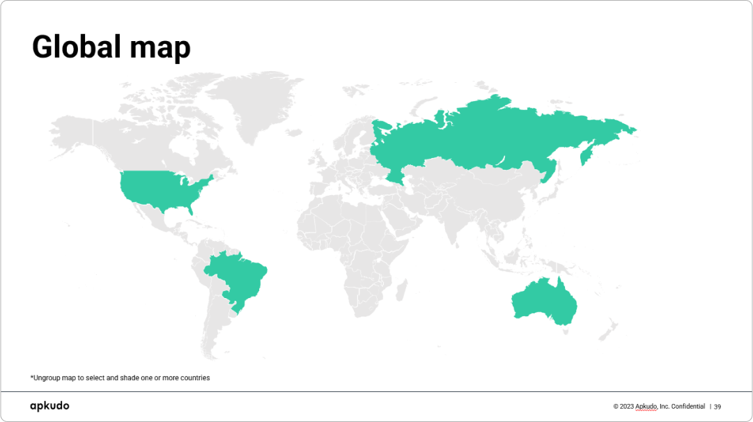 Global map slide highlighting international presence for a corporate presentation design service.