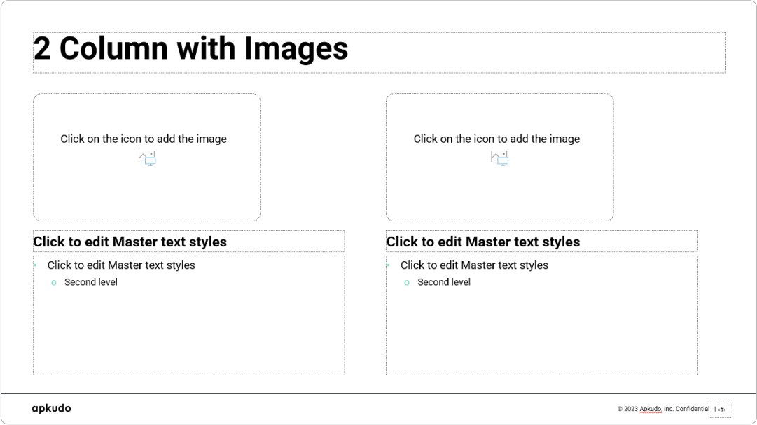 A light-themed '2 Column with Images' slide from a powerpoint master template, featuring two content blocks with image and text placeholders. This professional master template is designed for visually supported information, making it an excellent powerpoint template for comparative presentations.
