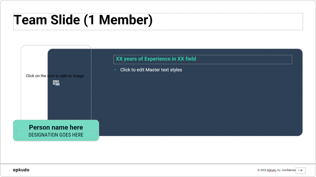 A 'Team Slide (1 Member)' layout from a powerpoint master template, designed for showcasing individual profiles with image and experience details. This professional master template allows for clear biographical information, making it an excellent powerpoint template for team introductions.
