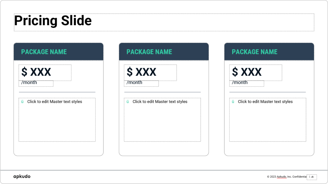 A dark-themed 'Pricing Slide' from a powerpoint master template, featuring three customizable package columns with price and description placeholders. This professional master template is designed for clear pricing presentation, making it an excellent powerpoint template for business proposals or sales decks.