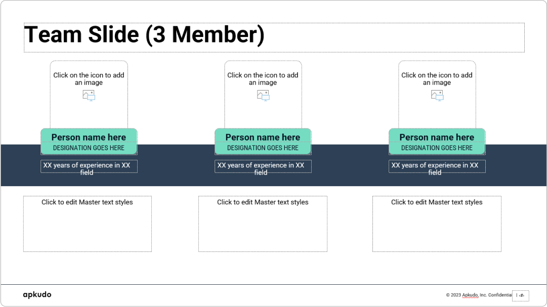 A light-themed 'Team Slide (3 Member)' from a powerpoint master template, featuring three content blocks with image, name, designation, and experience placeholders. This professional master template is ideal for showcasing multiple team members, making it an excellent powerpoint template for team introductions.