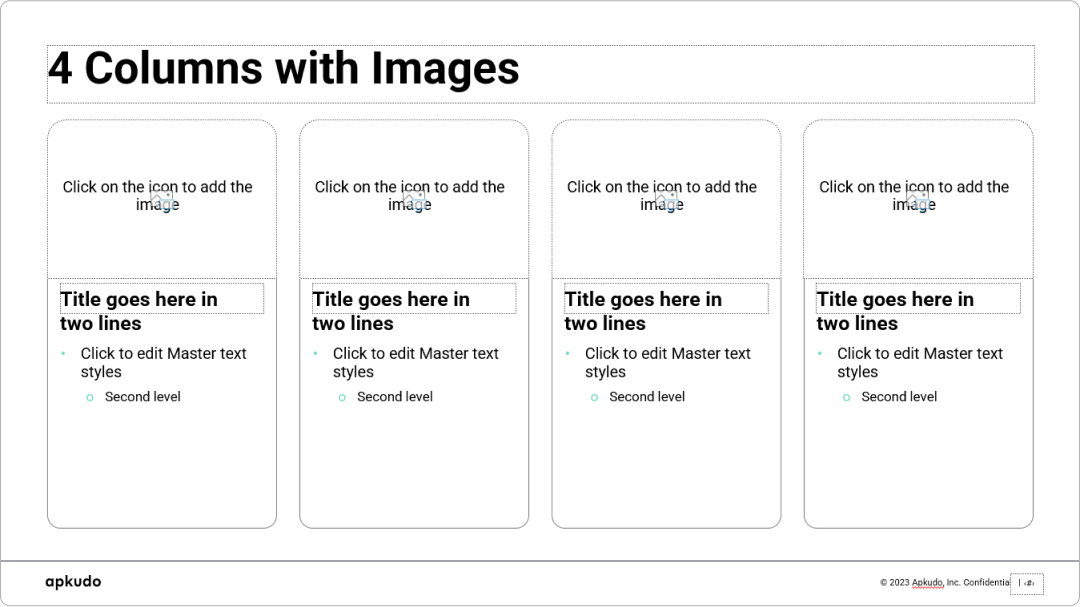 A light-themed '4 Columns with Images' slide from a powerpoint master template, featuring four distinct content sections with image and text placeholders. This professional master template is designed for visually supported information, making it an excellent powerpoint template for comparative analyses or multiple features.