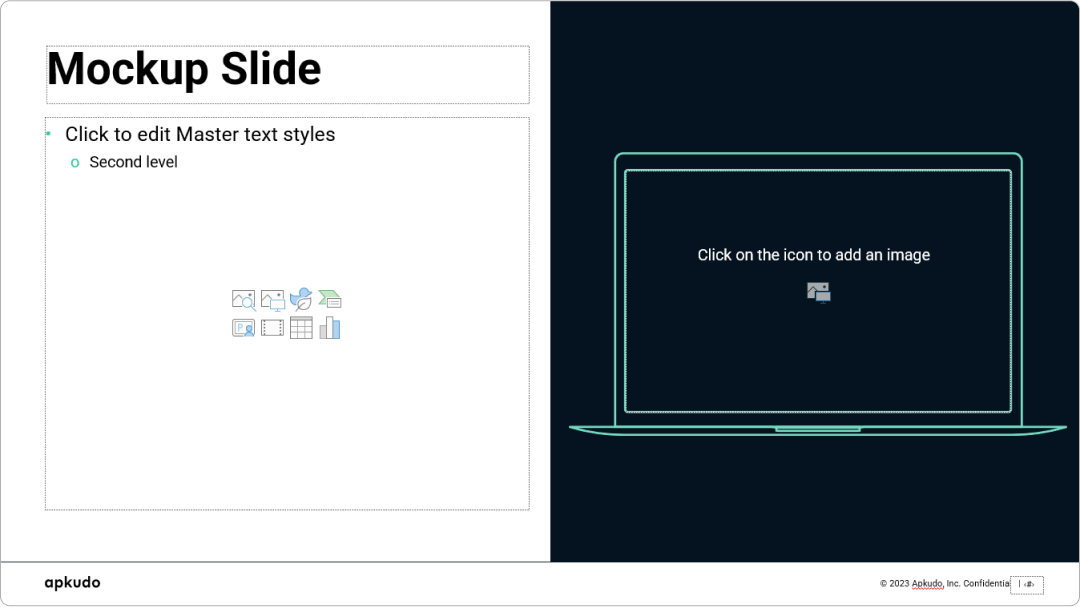 A 'Mockup Slide' from a powerpoint master template, featuring a laptop screen graphic with an image placeholder and a customizable text section. This professional master template is designed for showcasing digital interfaces or product mockups, making it an excellent powerpoint template for tech presentations.