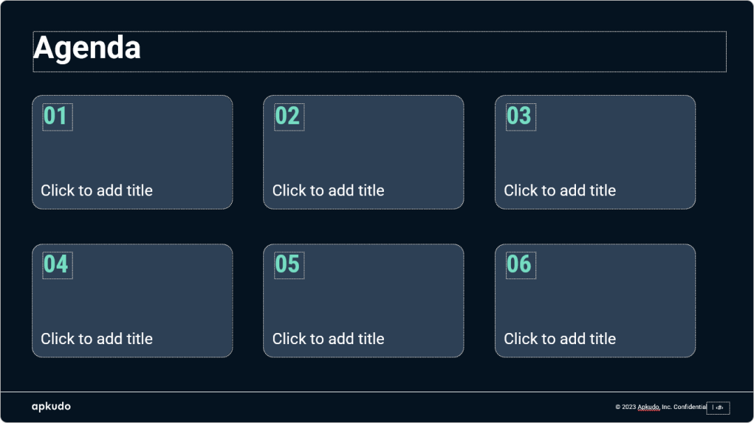 Interactive table of contents slide with six clickable sections for board meeting presentations