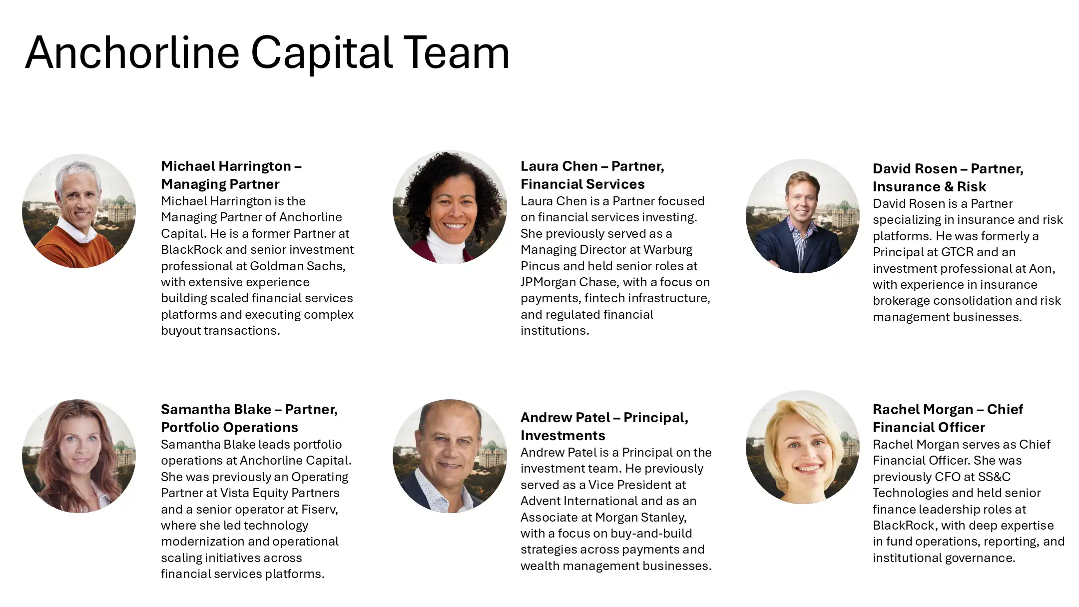 "Areas of Focus" slide using basic column layouts that fail to visually distinguish the investment sectors in the fund overview deck.
