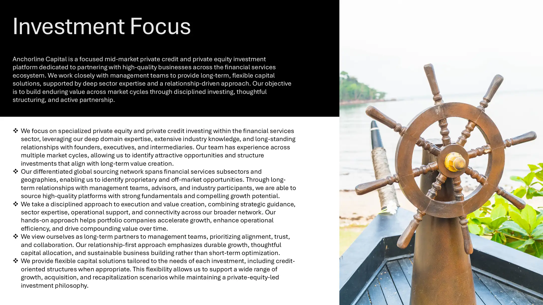 Text-heavy "Overview" slide with dense bullet points, hindering effective investor communications and clarity.