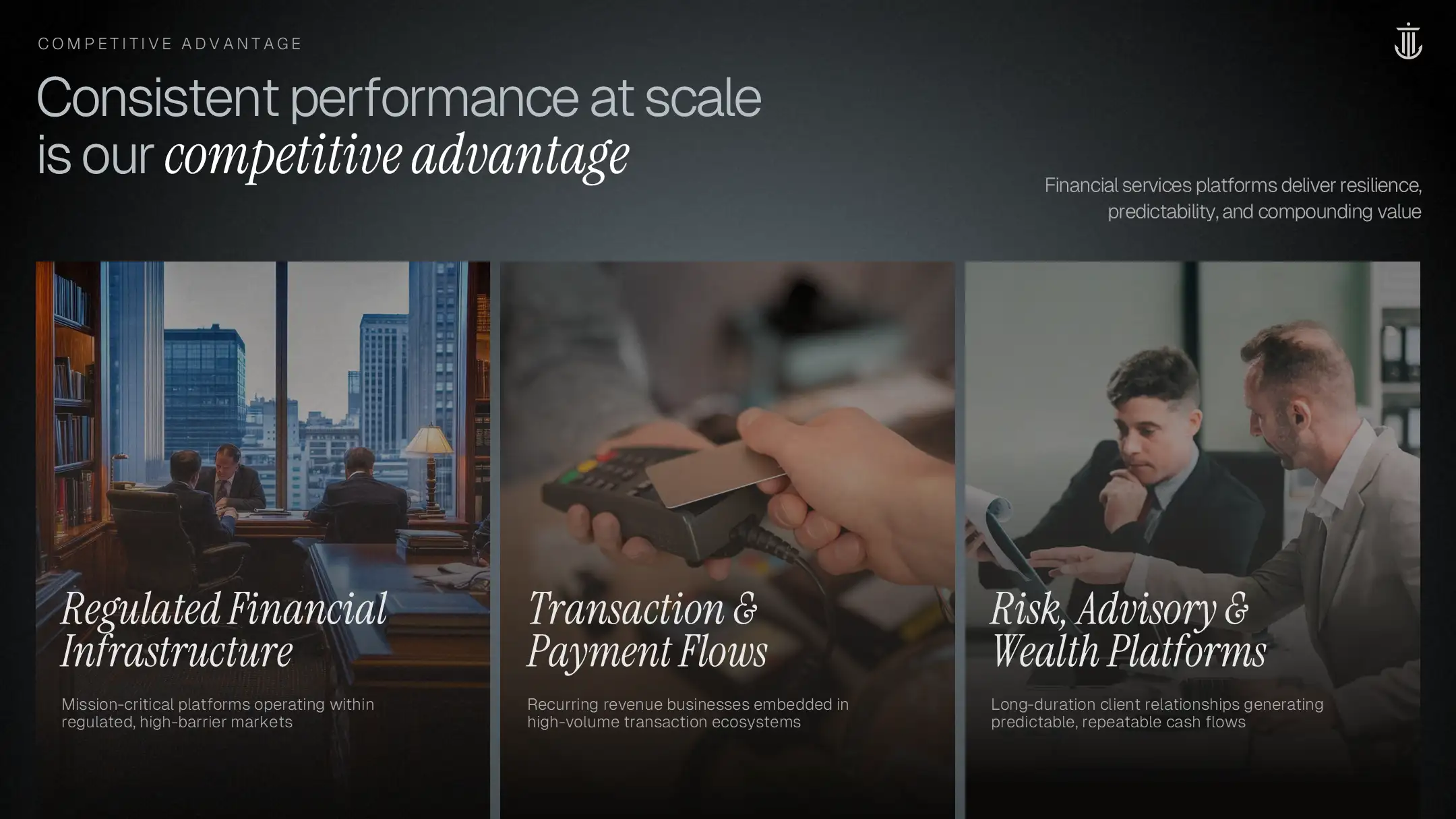 "Third Party Resources & Accreditations" slide using a structured teal hierarchy to display tech and operational partners in the fund overview deck.