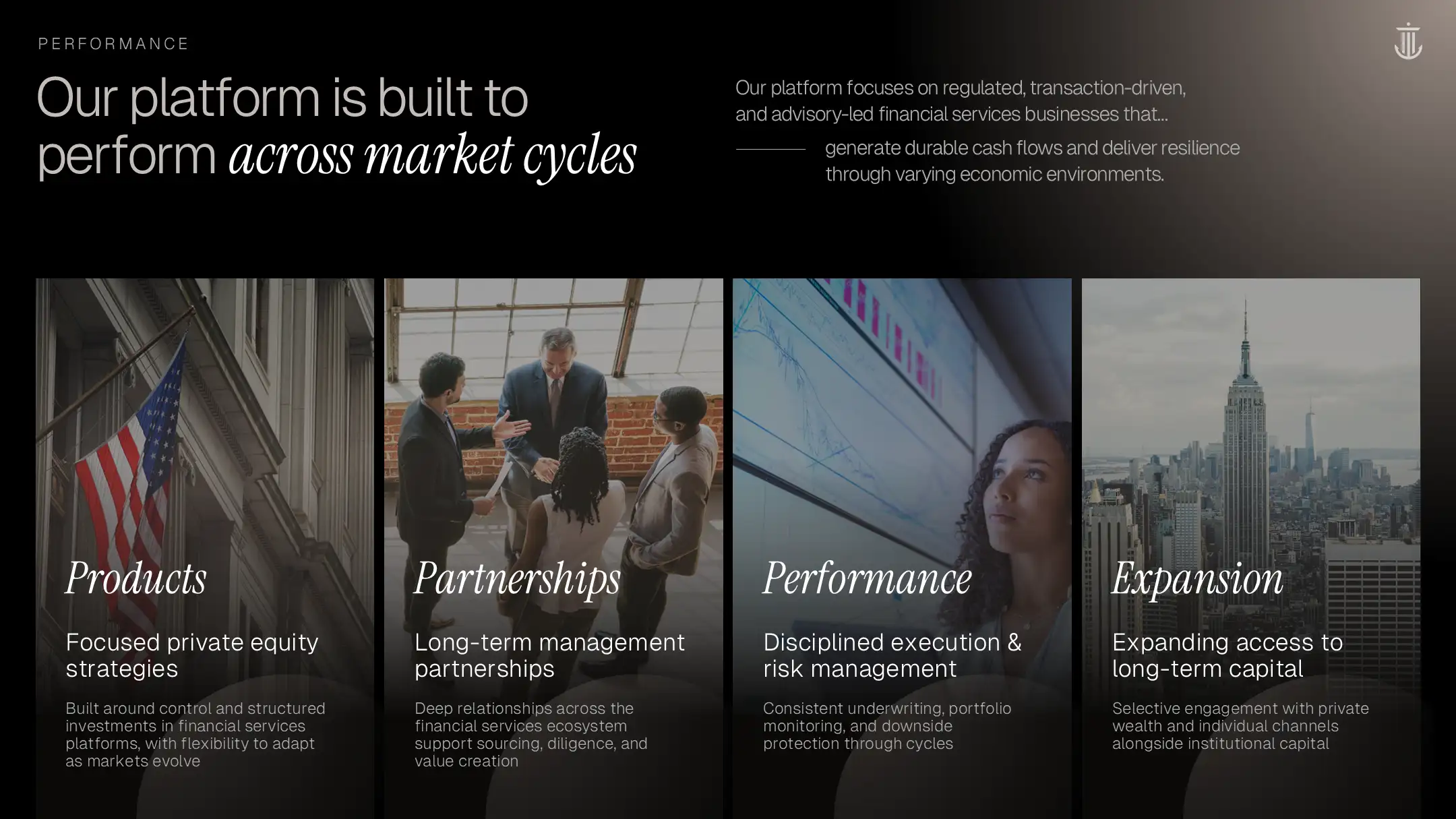 Final firm overview slide with split layout and key metrics ($1.8B equity), designed for clear investor communications.