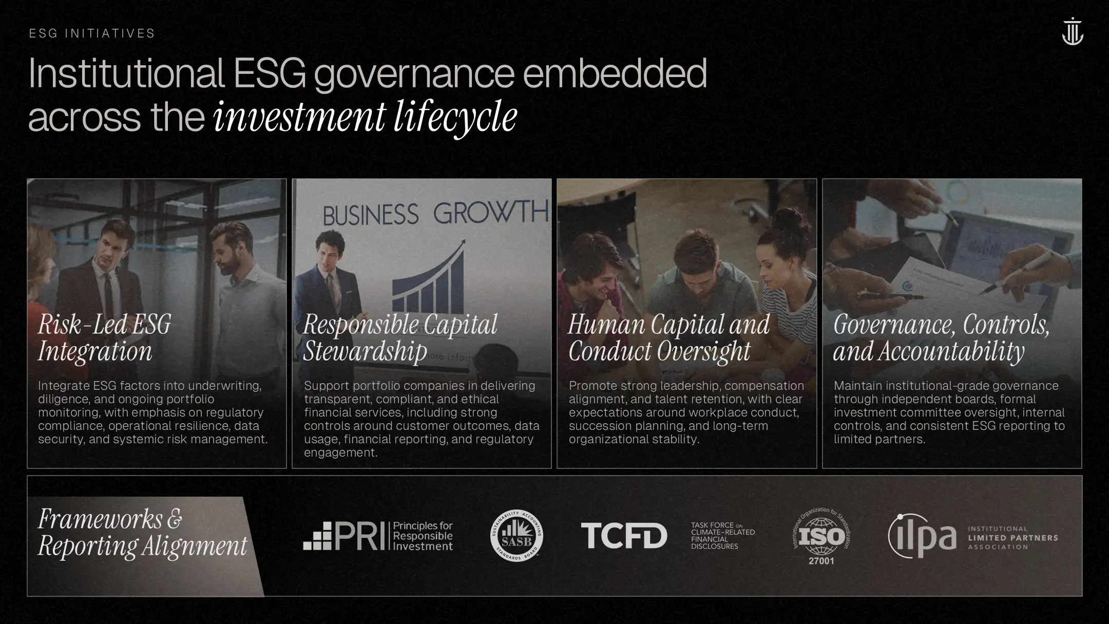 "Third Party Resources & Accreditations" slide using a structured teal hierarchy to display tech and operational partners in the fund overview deck.