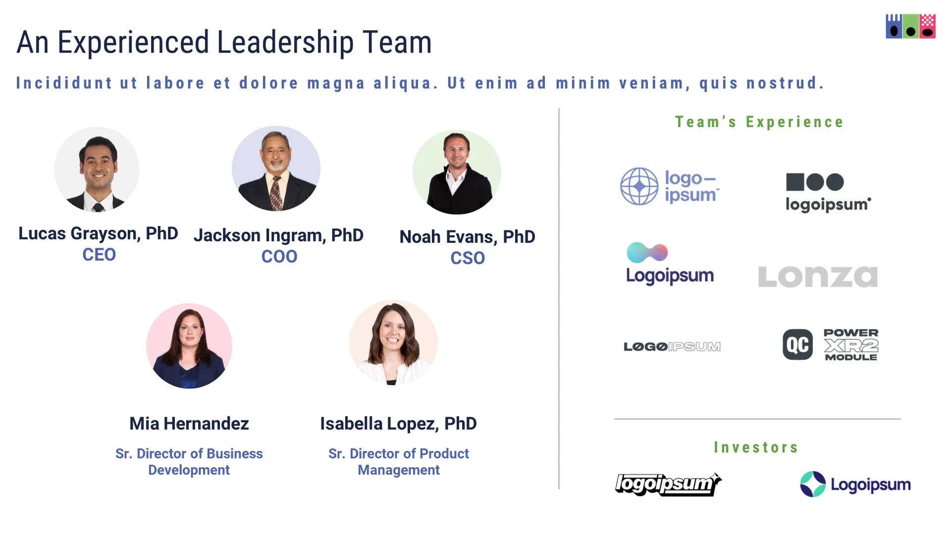 "Experienced Leadership Team" slide with small headshots and logos, needing a layout refresh for investor presentation design.