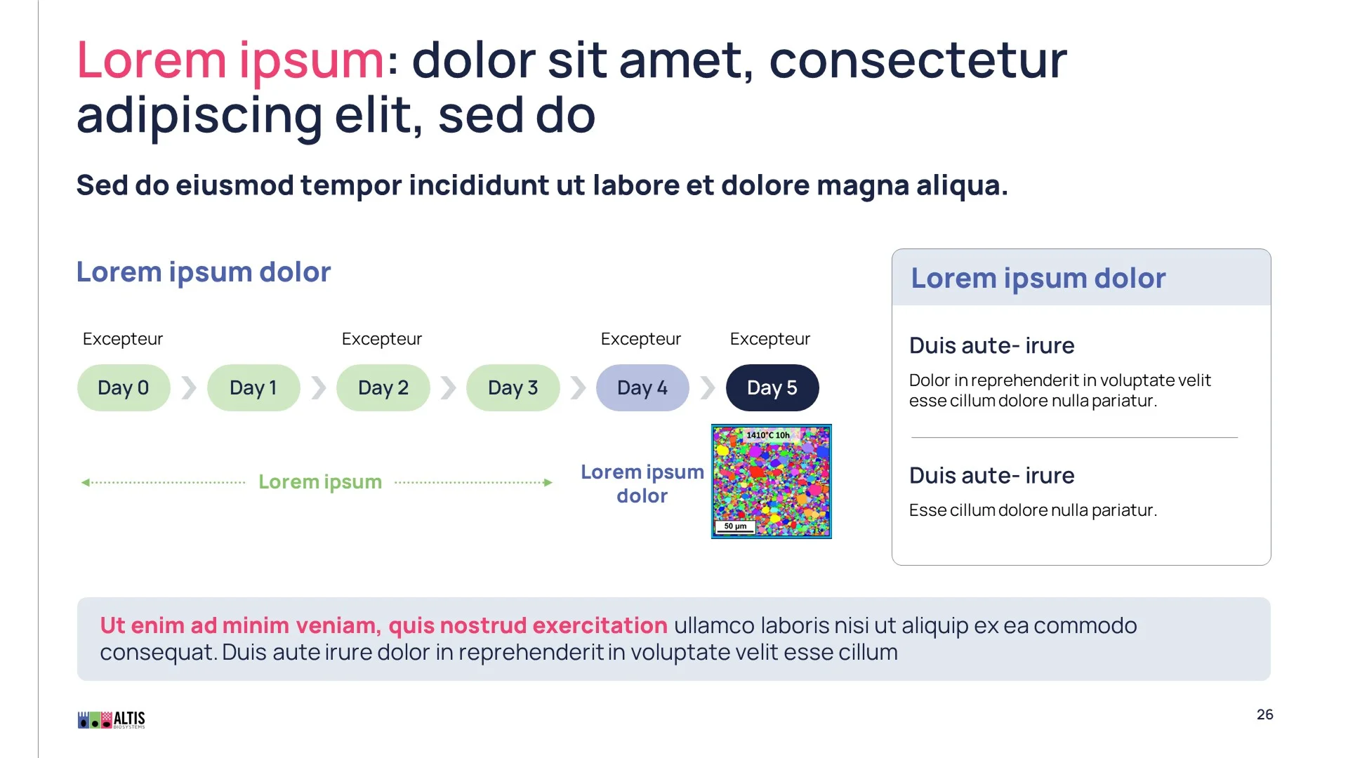 Timeline slide from a biotech pitch deck for a Series A pitch deck, showcasing a sleek, redesigned layout with vibrant branding and clear icons, illustrating a 5-day process with a scientific image of cells, optimized for the best Series A pitch deck readability.