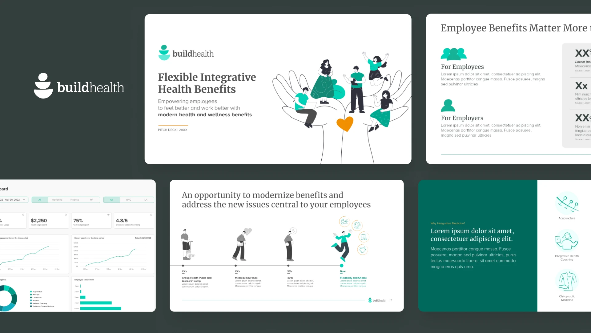 Healthcare sales deck hero image for BuildHealth, displaying custom product mockup design and hand-drawn illustrations for an employee benefits platform.