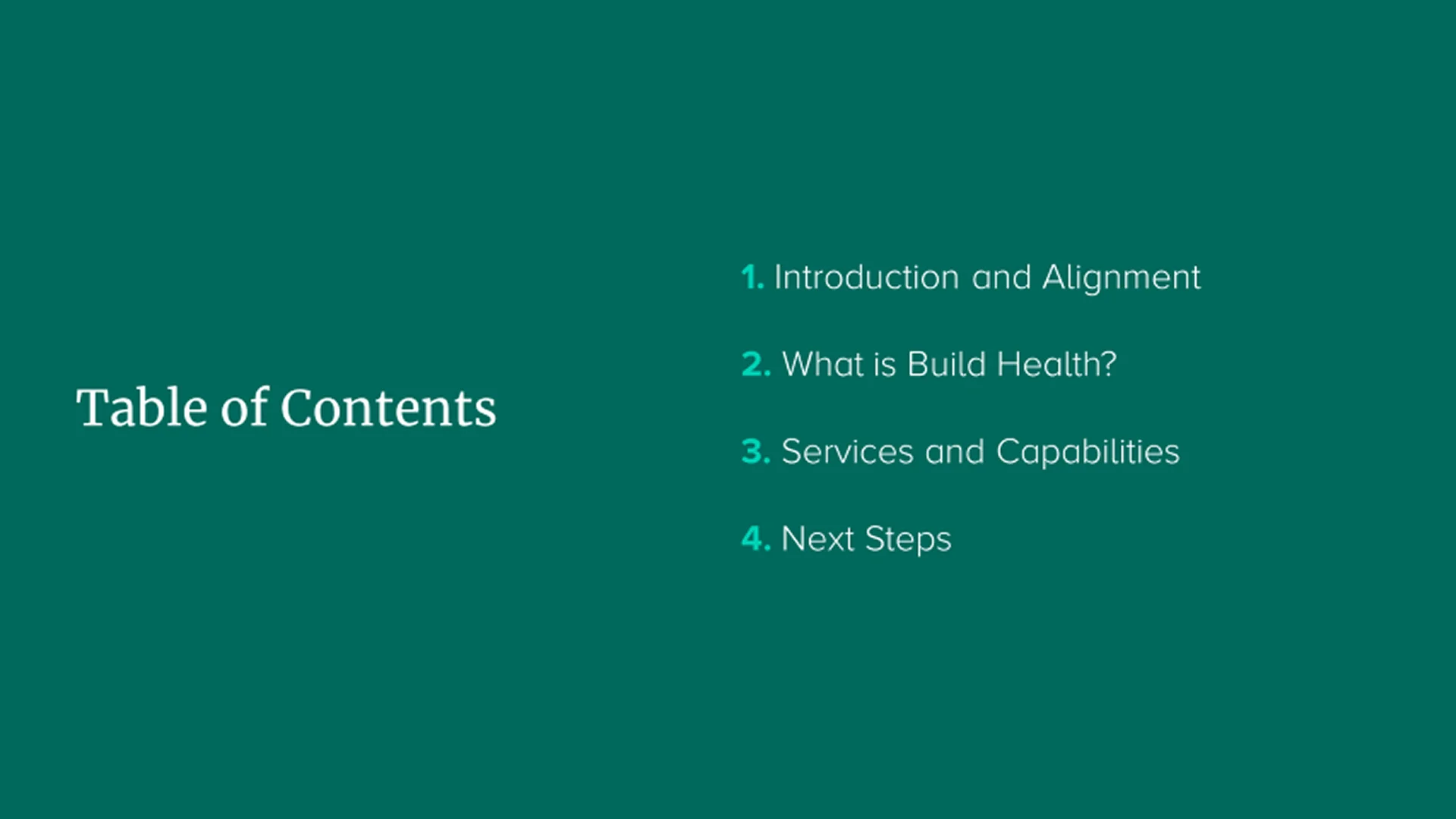 "Table of Contents" slide with a sleek dark green layout, ensuring clear navigation in sales presentation design.