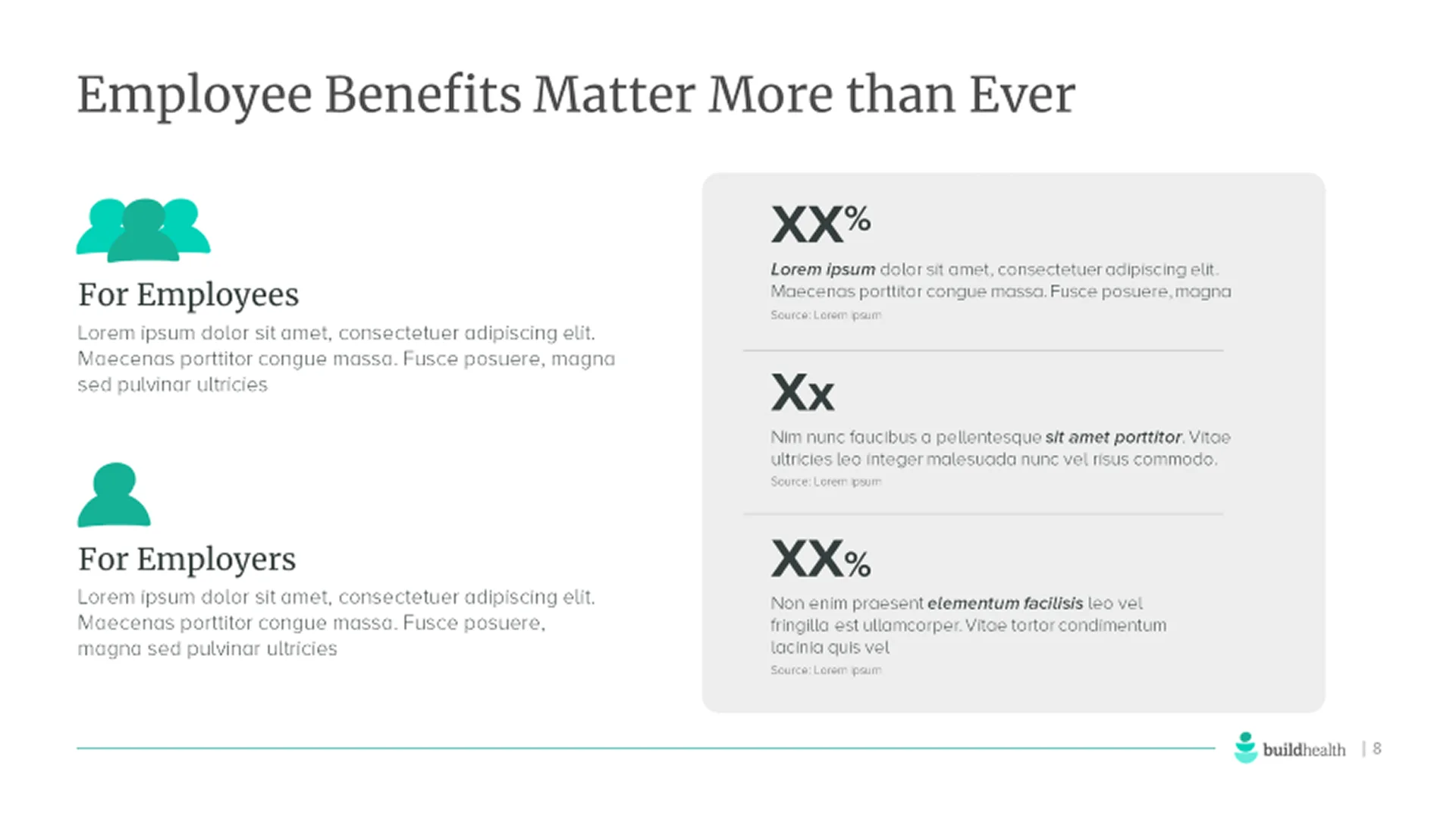 "Employee Benefits Matter" slide highlighting key statistics with custom icons for an employee benefits platform.