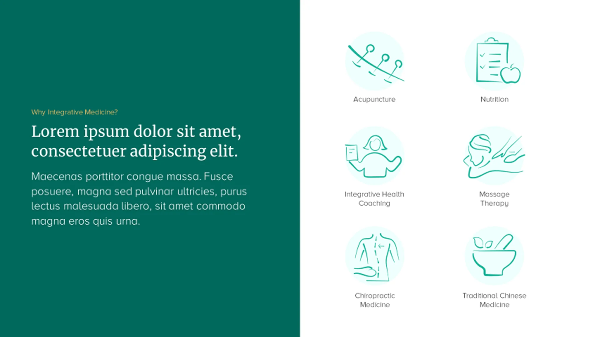 "Why Integrative Medicine" slide with custom iconography representing wellness services, enhancing the employee benefits platform presentation.