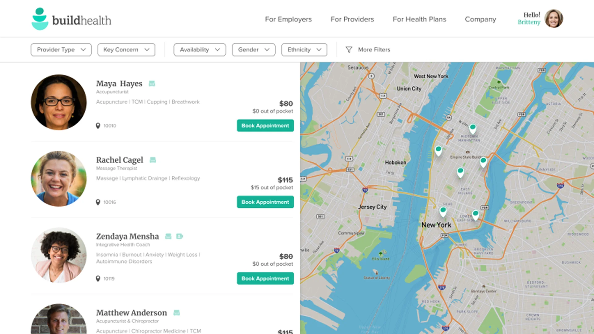 "Provider Selection" UI mockup displaying a map interface for booking appointments, a key feature of the employee benefits platform.