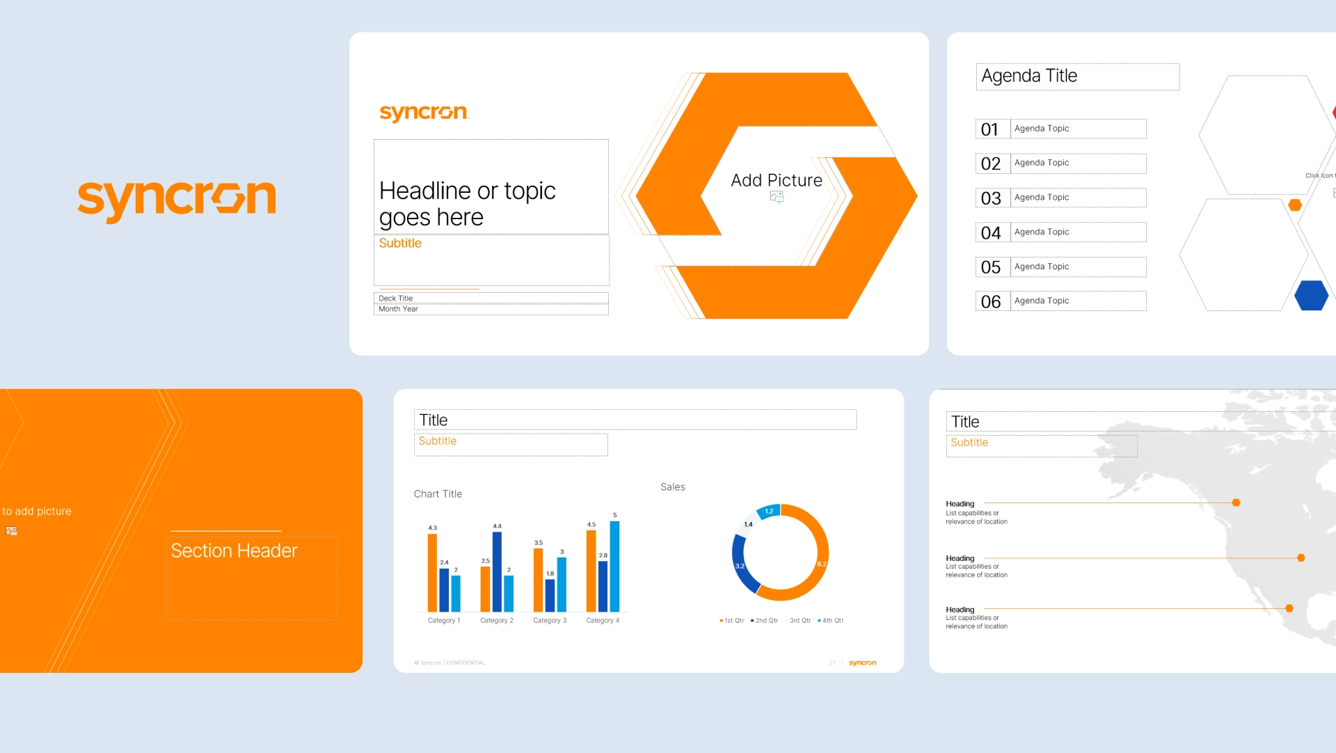 Enterprise tech PowerPoint master template for Syncron featuring custom hexagon image placeholders and branded layouts, designed by presentation design services.