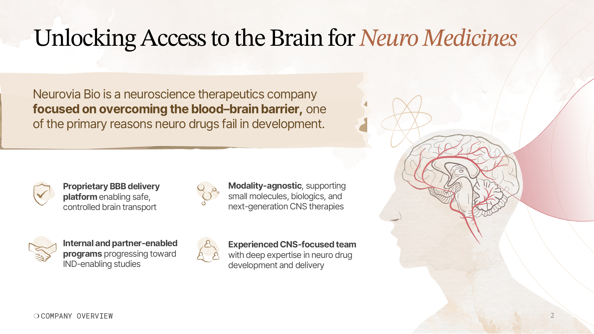 Final company overview slide from a neuroscience Series A investor presentation, summarizing platform differentiation, CNS focus, and drug delivery capabilities in a clear, investor-friendly layout.