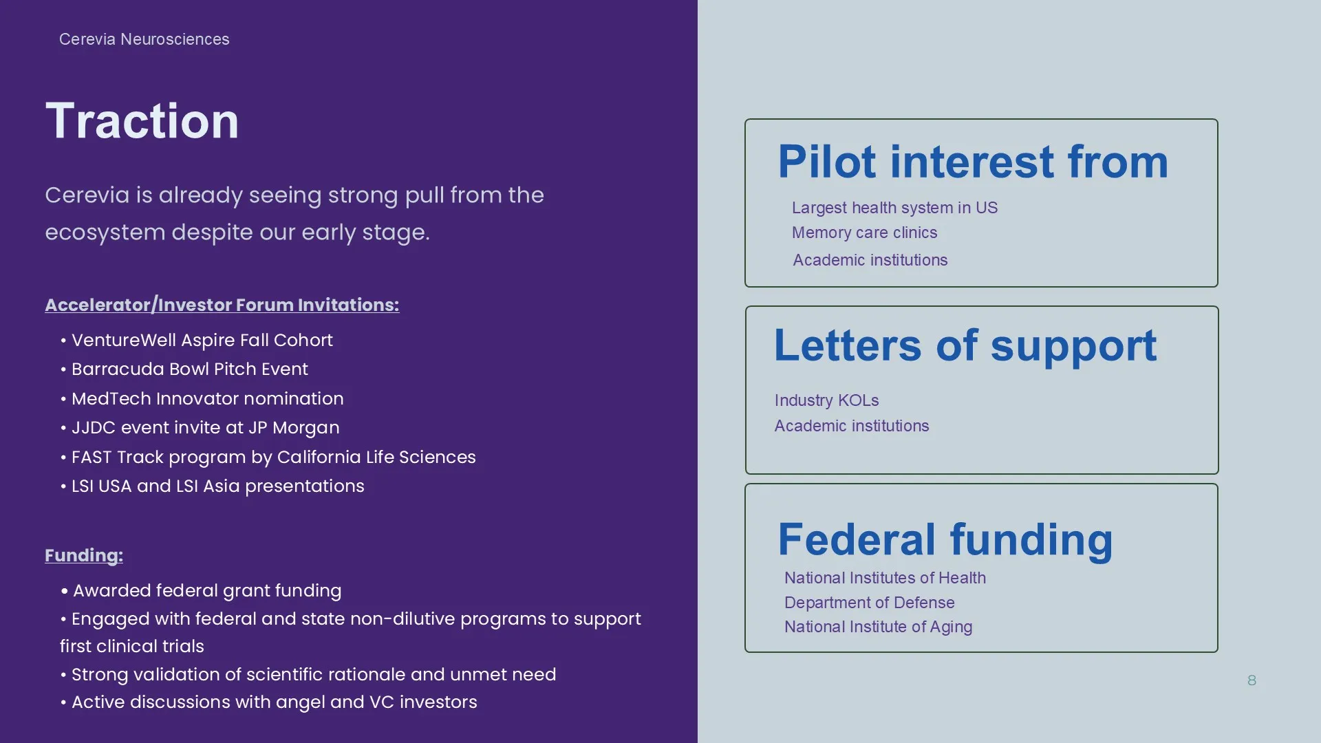 Original traction slide for a series a pitch deck, using blocky text boxes to list pilot interest and federal funding instead of a compelling narrative.