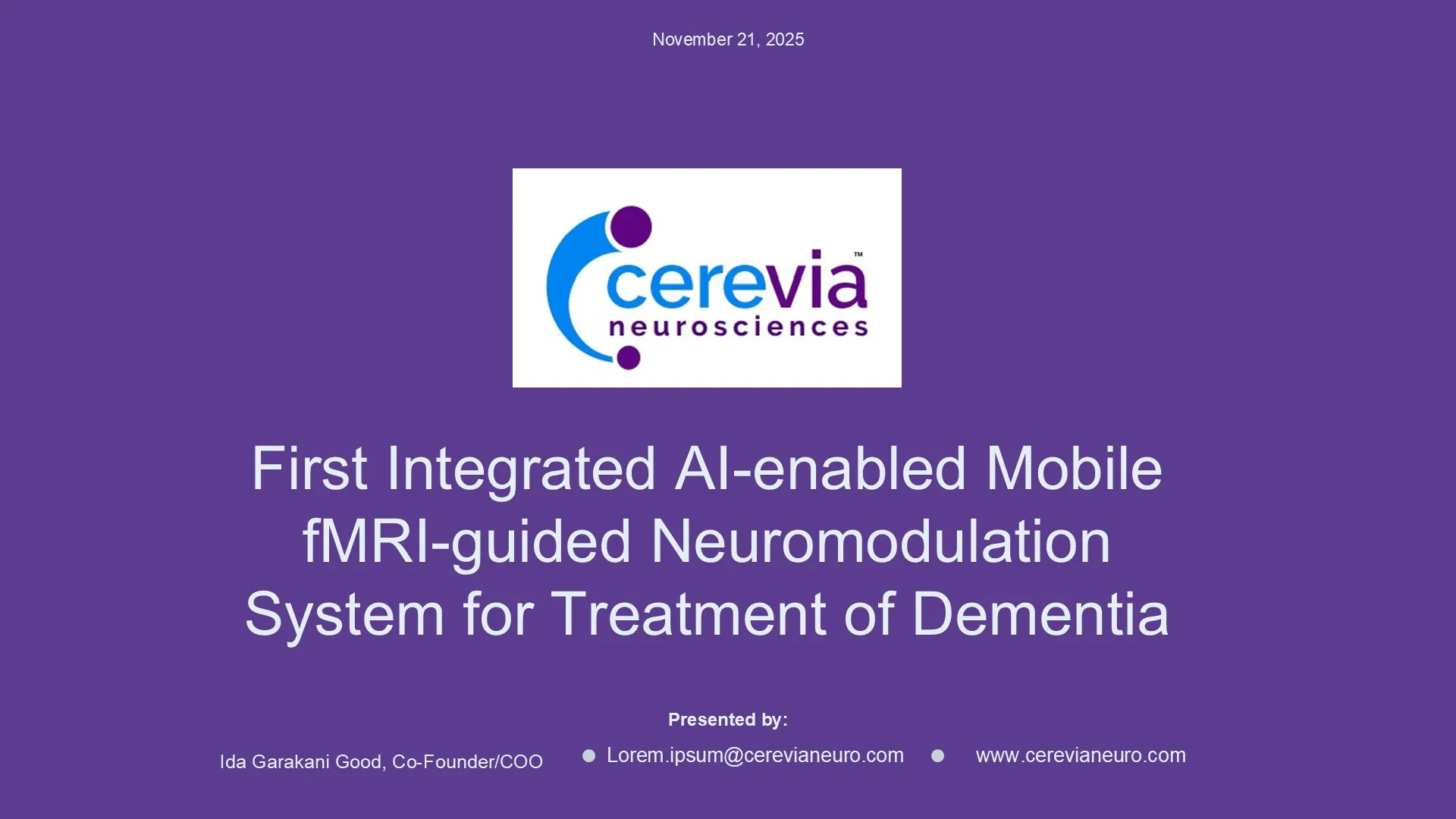 "Before" cover slide of a pitch deck medical device presentation for Cerevia Neurosciences, showing a dense title and a flat purple background.