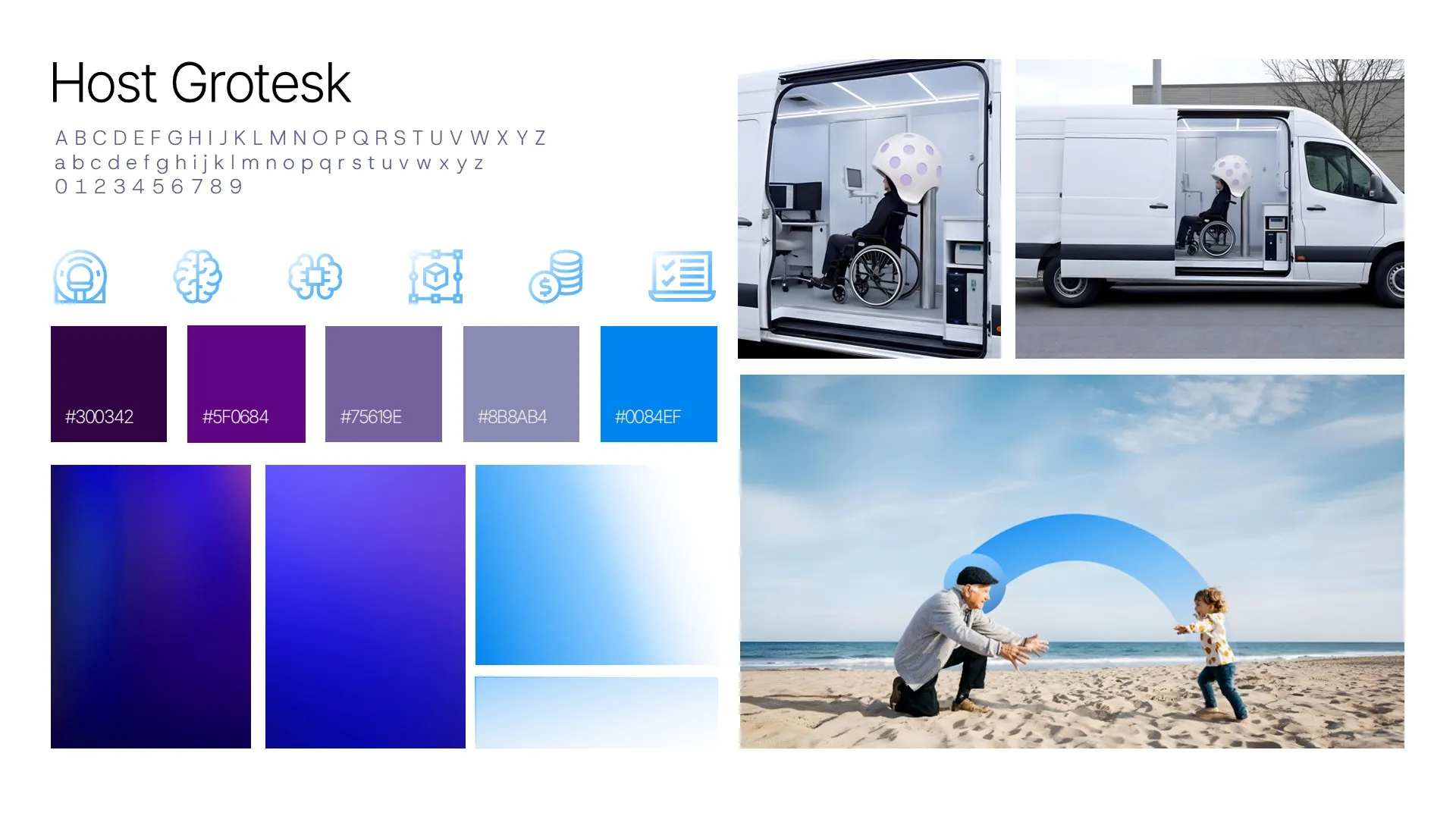 Presentation design moodboard for a health tech pitch deck, showcasing Host Grotesk typography, a sophisticated purple color palette, and AI-generated patient imagery for a medical device startup.