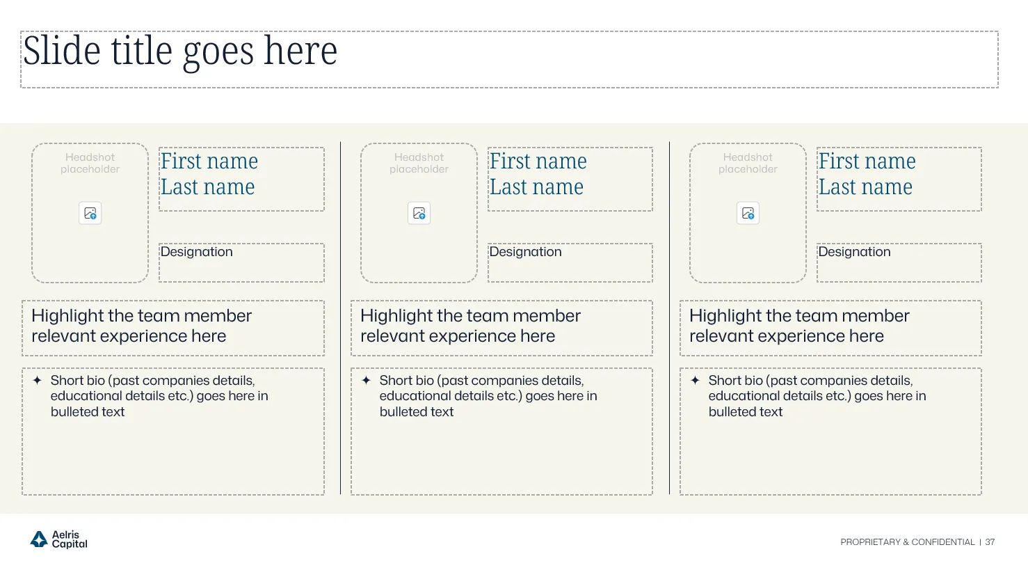 Redesigned team master layout with structured bios and experience highlights from the multi-fund VC template