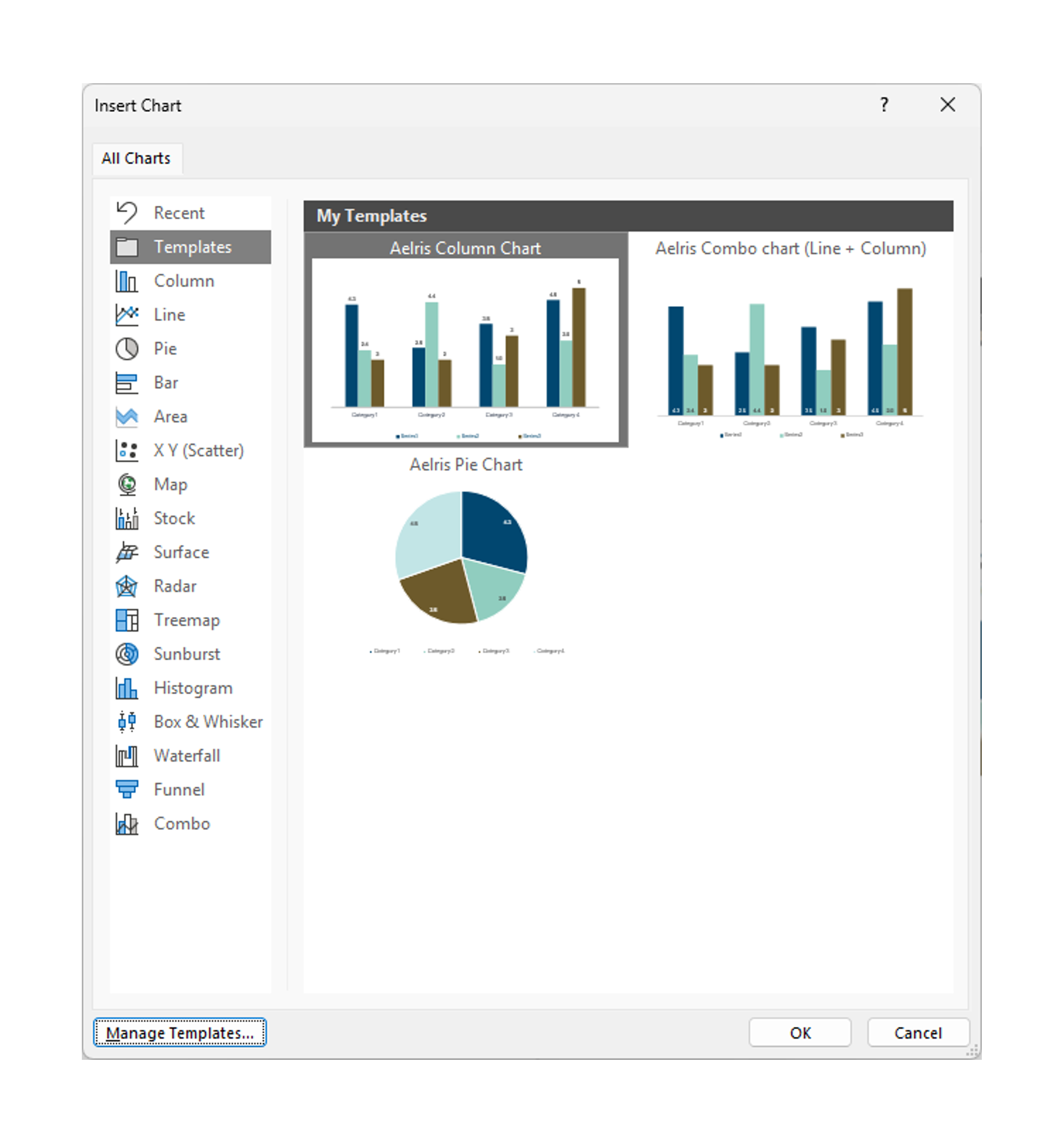 Custom Aelris chart templates for column, combo, and pie charts installed in the PowerPoint Insert Chart menu
