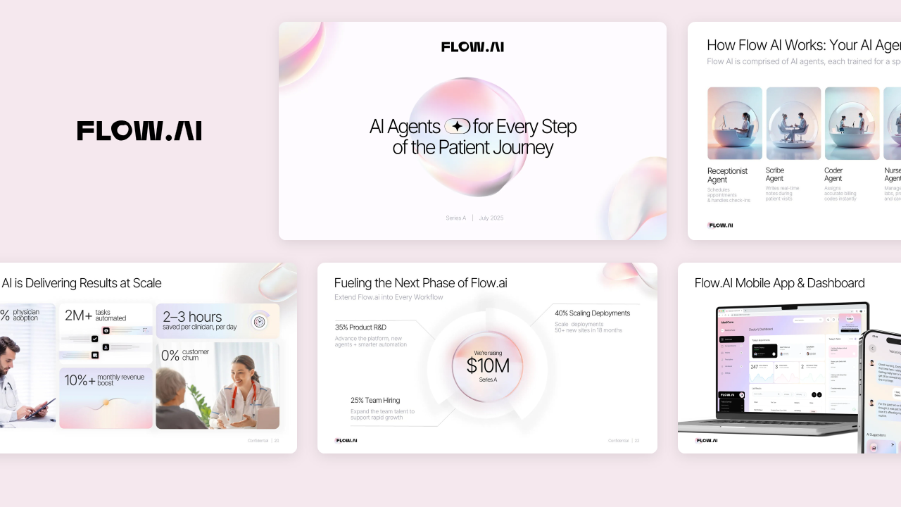 Series A pitch deck design hero image for Flow Ai featuring a custom iridescent orb logo, symbolizing the "flow" of healthcare AI agents in clinical settings