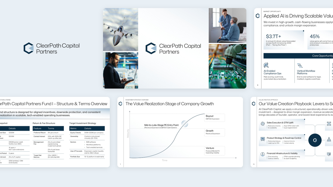 Private equity fund deck hero image for ClearPath Capital Partners, featuring institutional branding and sector-specific imagery (aerospace, healthcare, tech), crafted by investor presentation design experts.