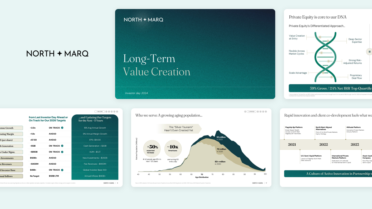 Private equity presentation design hero image for NorthMarq, featuring a modern logo on a teal gradient background that sets the visual tone for their fund overview deck