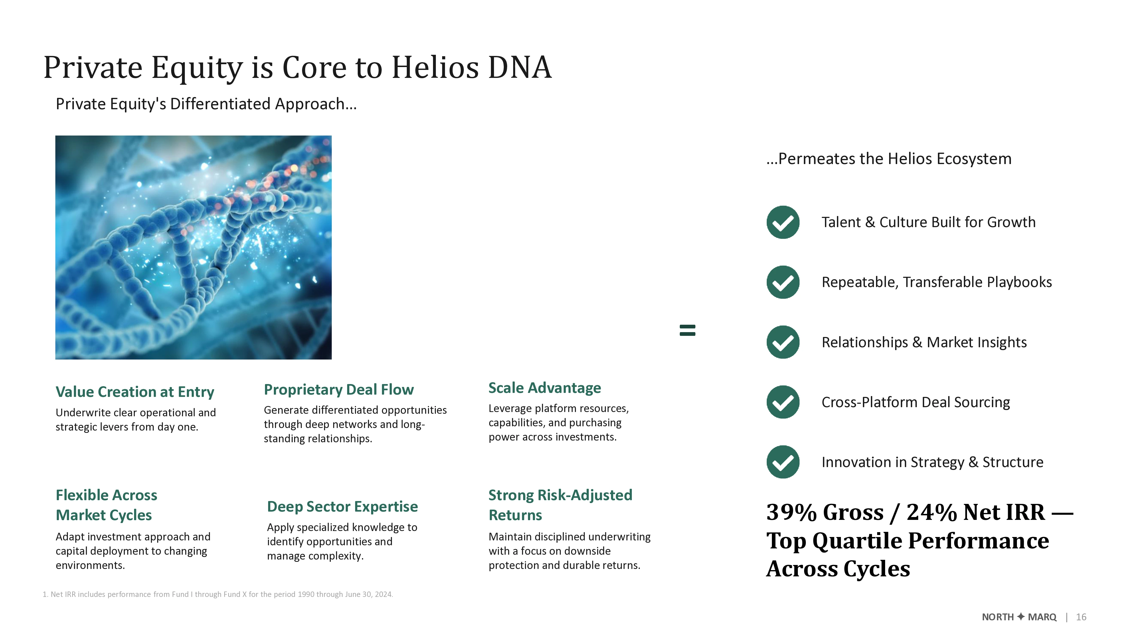 Original AGM slide with a stock image, dense text columns and a checklist on the private equity approach