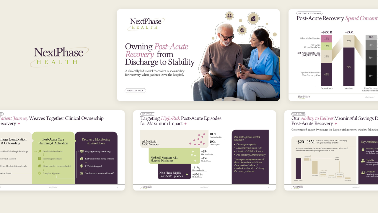 Hero image of a series a investor deck for NextPhase Health, a digital health startup, illustrating our healthcare overview deck design services for post-acute recovery models.