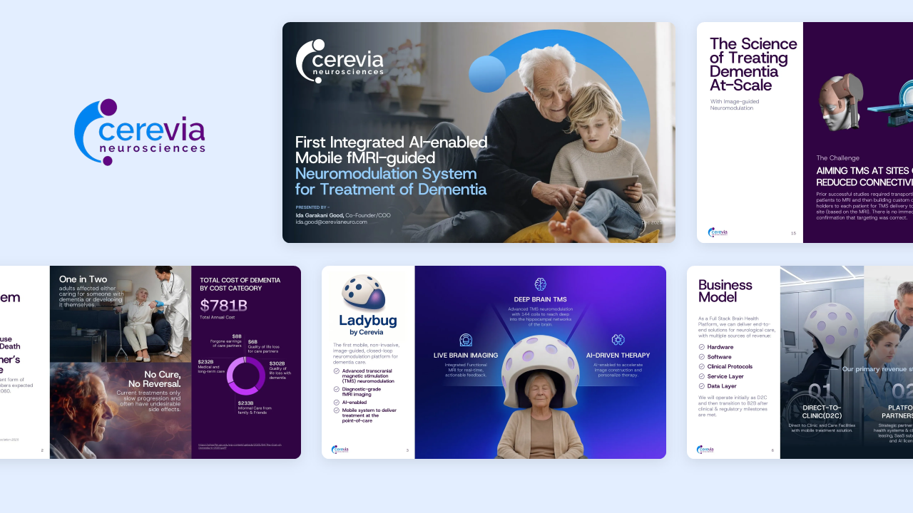 Series A pitch deck presentation design thumbnail for Cerevia Neurosciences, an AI-driven dementia care platform, featuring clean clinical layouts and business model slides.