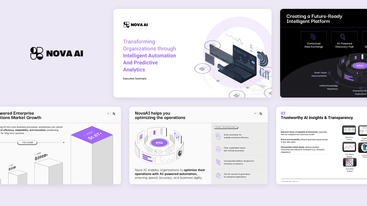 Series B pitch deck design for NOVA AI, highlighting a SaaS startup's market growth through intelligent automation and predictive analytics. B2B pitch deck visuals illustrate AI-driven enterprise solutions and tech startup pitch deck innovation in supply chain optimization.
