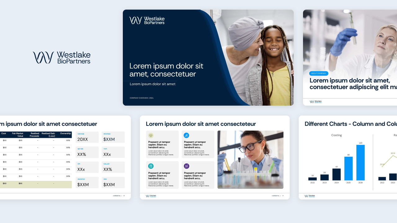 Custom PowerPoint template hero image for Westlake BioPartners, featuring their logo against a biotech DNA strand background to define their branded presentation design.