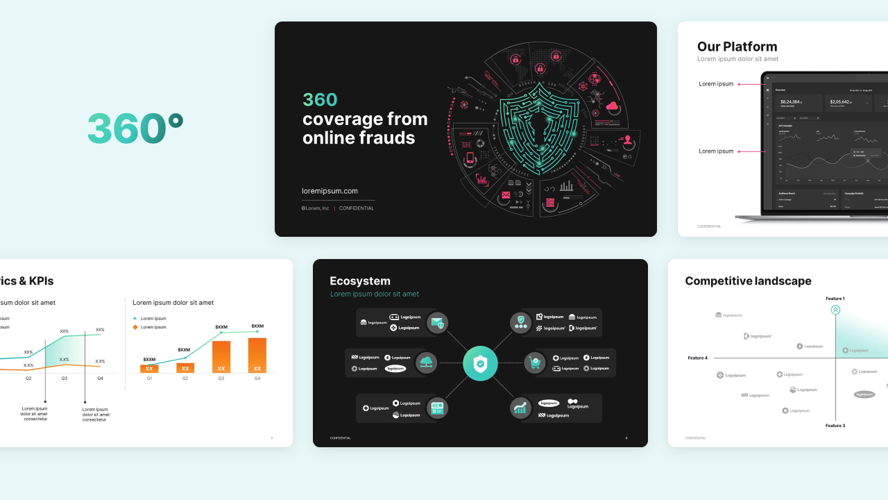 Collage of cybersecurity series b pitch deck slides featuring a platform dashboard, neon shield graphic, and competitive matrix, designed by pitch deck design services