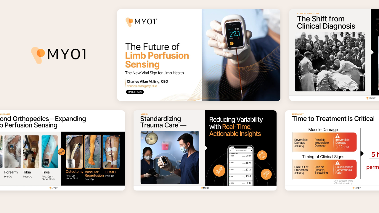 Healthcare pitch deck hero image for MY01 featuring medical device pitch deck slides, showcasing limb perfusion sensing technology and 51% CAGR revenue growth charts designed by presentation design experts.