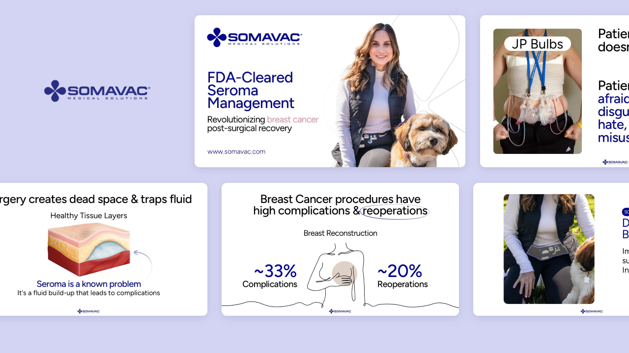 Healthcare pitch deck hero image for SOMAVAC featuring the founder and FDA-cleared medical device pitch deck slides, highlighting breast cancer recovery solutions and strategic growth charts designed by presentation design experts.