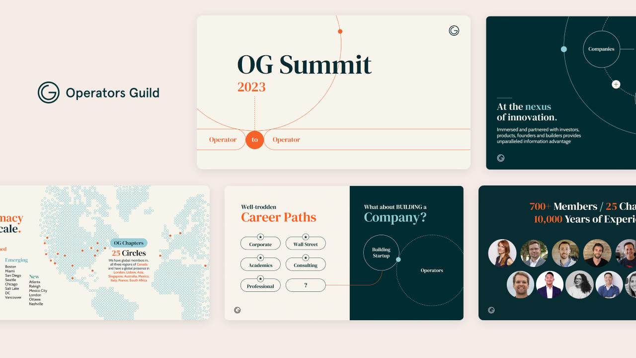 Corporate event design partner hero image showcasing the OG Summit 2023 summit keynote presentation with vibrant, geometric brand layouts.