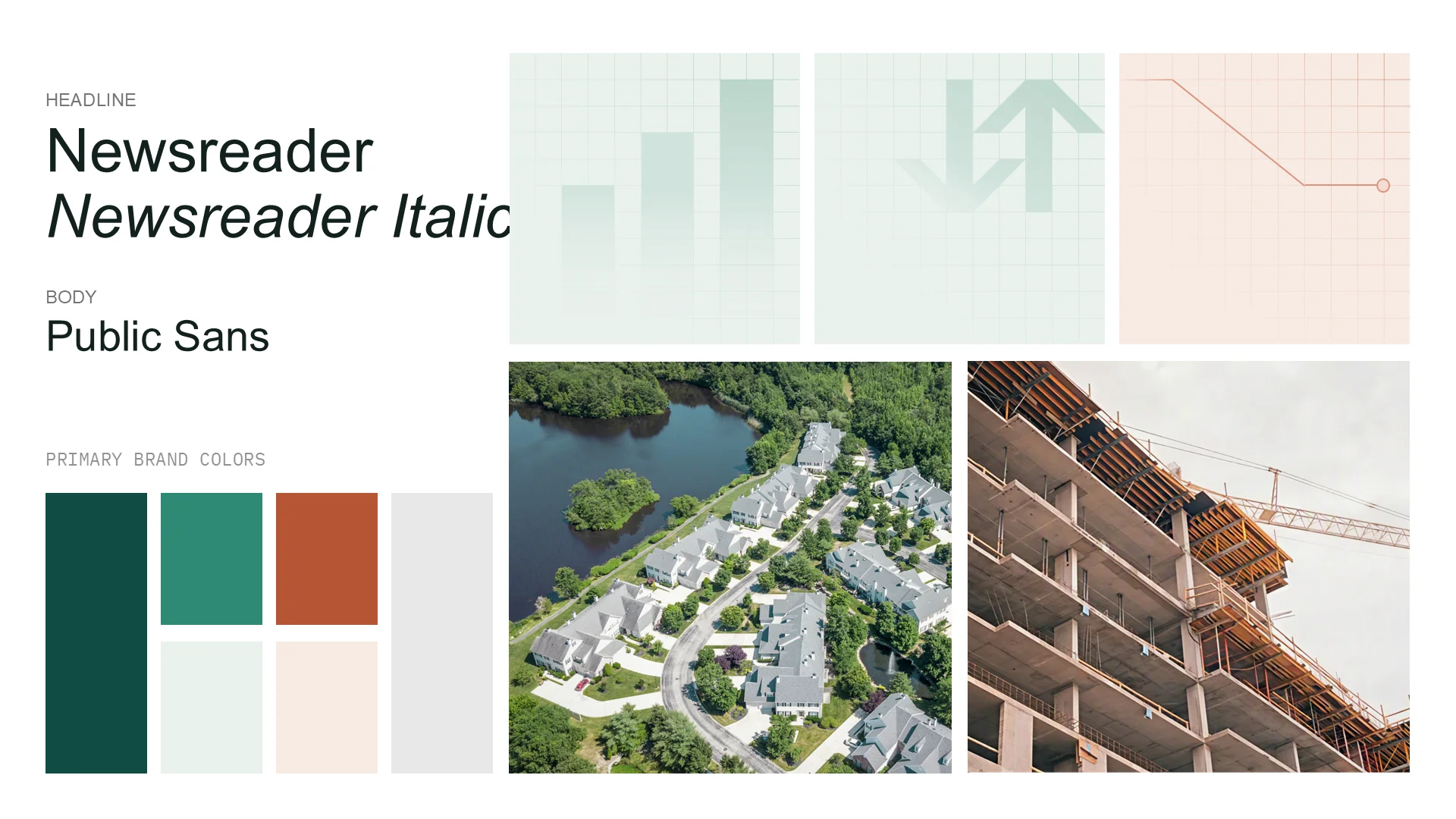 Moodboard with Newsreader and Public Sans typography, forest, sage and terracotta brand colours, and real estate photography