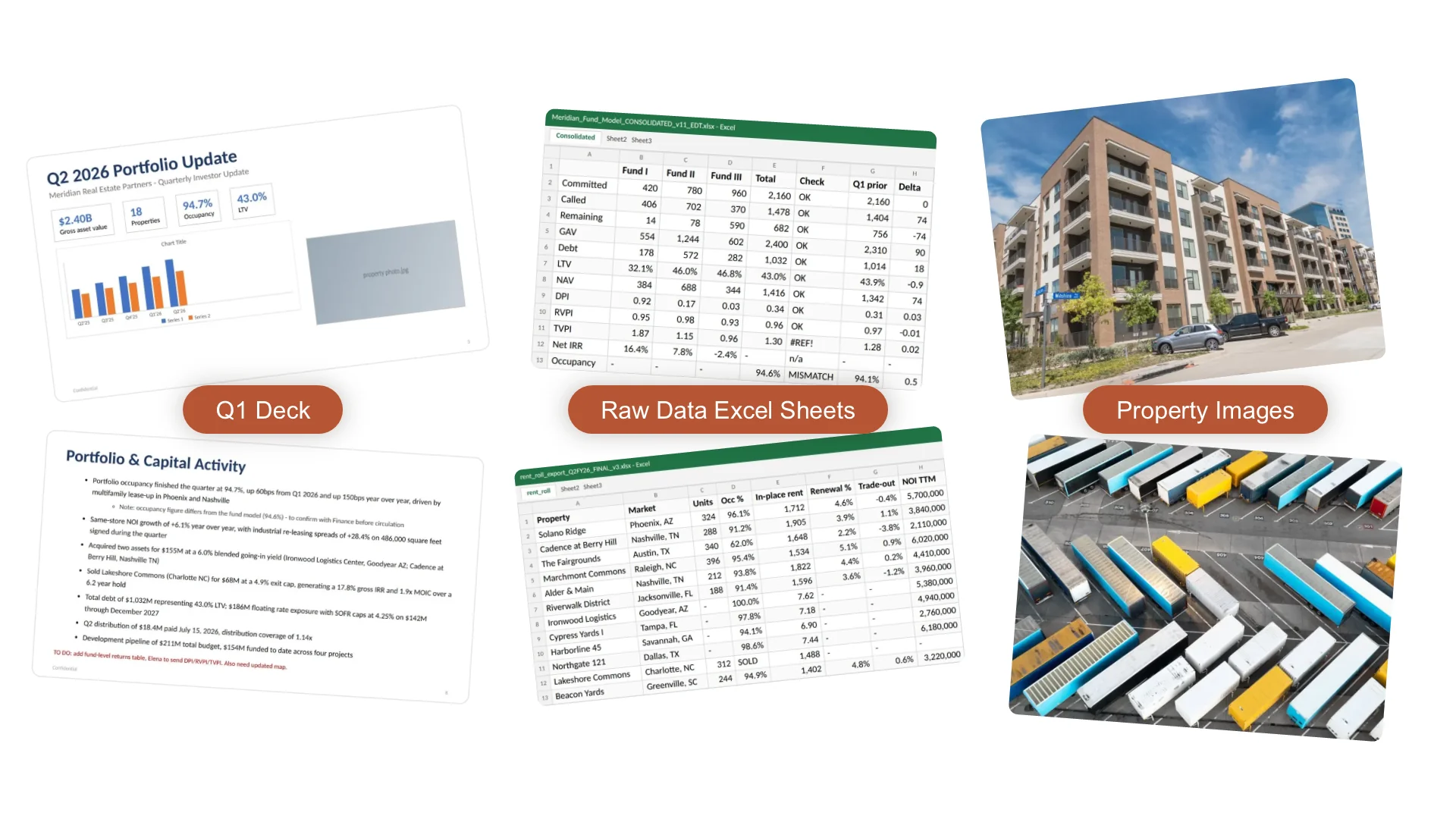 Source material as received: the Q1 deck, raw Excel fund models and unedited property photographs