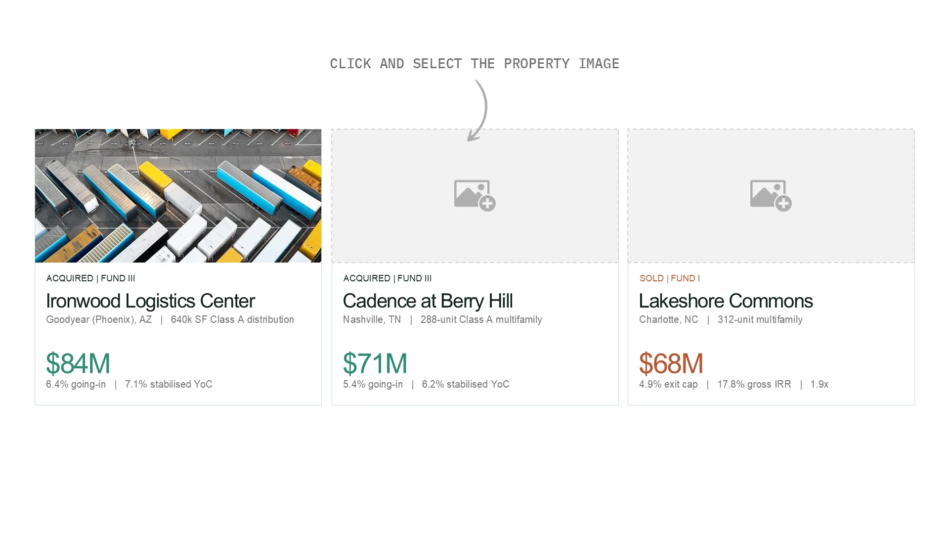 Property profile cards for acquired and sold assets with photo, location, size and value