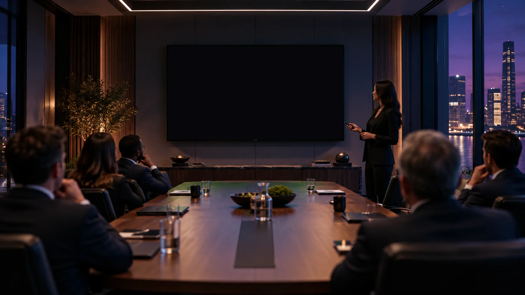 Boardroom with a large display at the front of the room