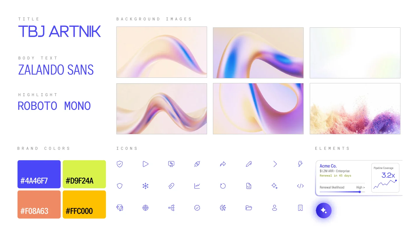 Workframe moodboard: TBJ Artnik, Zalando Sans and Roboto type, soft 3D ribbon imagery, brand colors, line icons, and glass UI elements