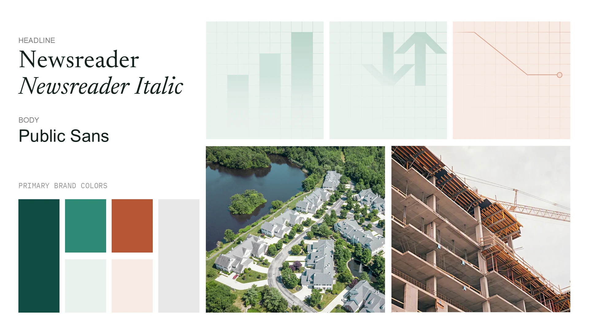 Moodboard with Newsreader and Public Sans typography, forest, sage and terracotta brand colours, and real estate photography