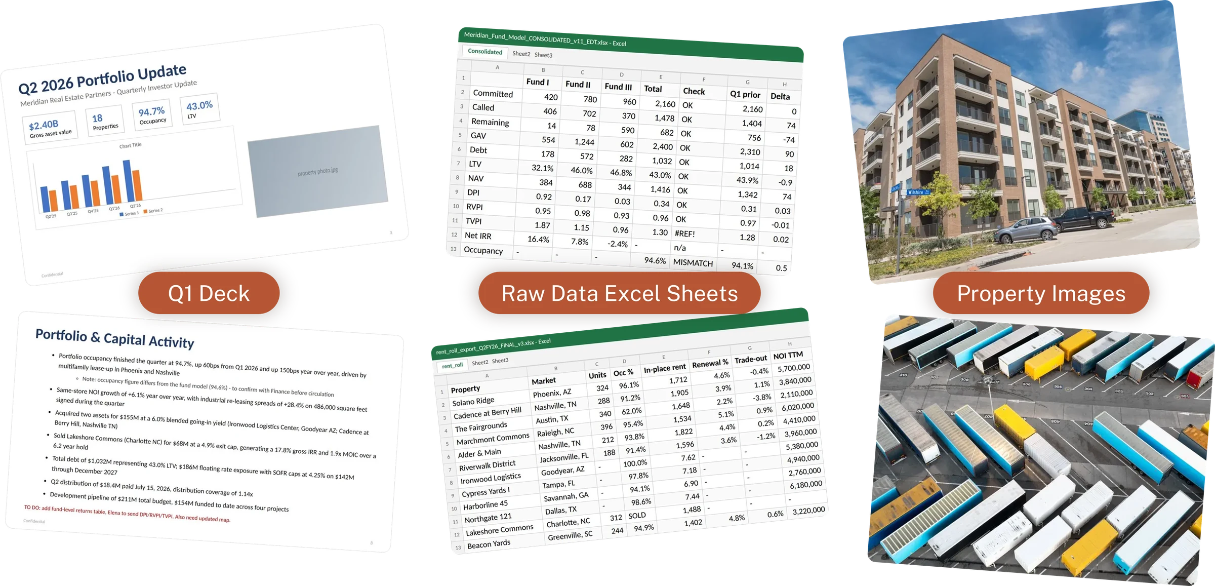 Source material as received: the Q1 deck, raw Excel fund models and unedited property photographs