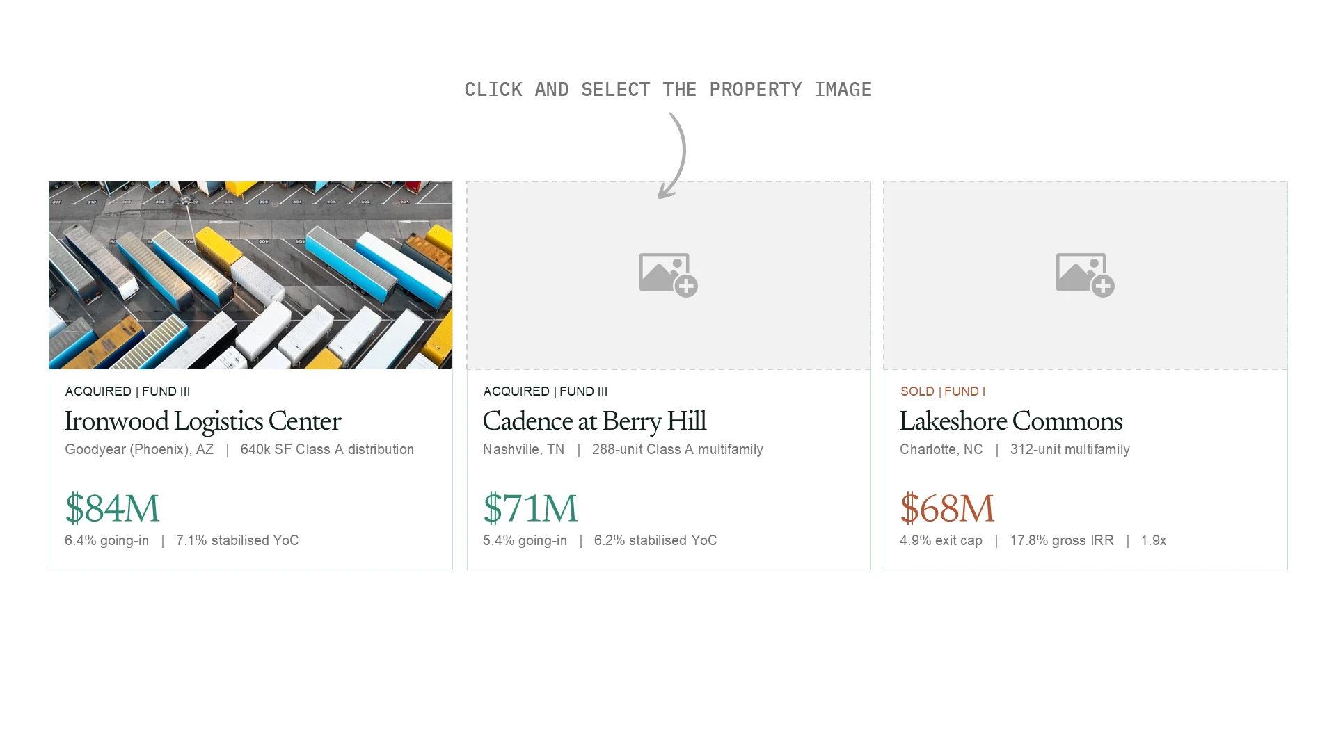 Property profile cards for acquired and sold assets with photo, location, size and value