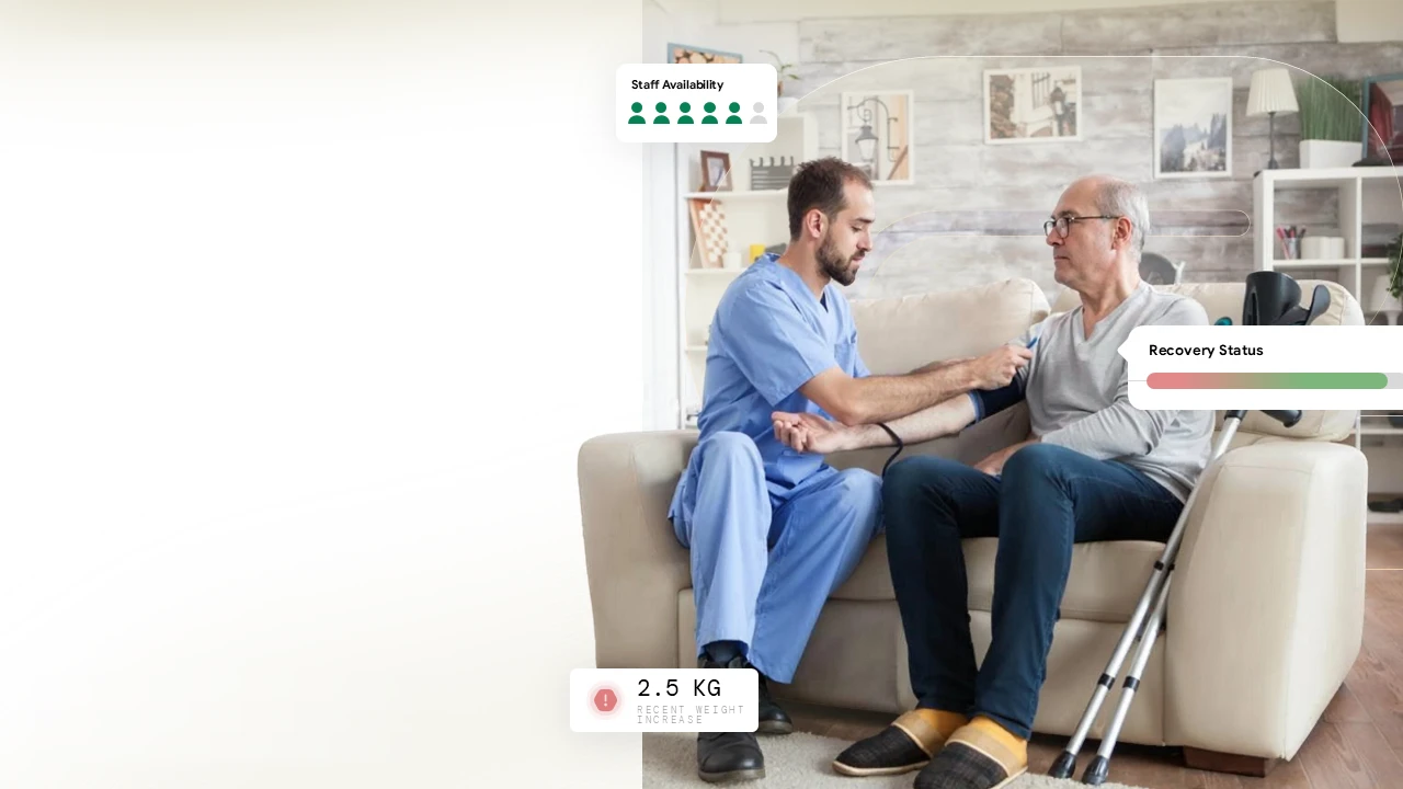 Series A healthcare pitch deck: a nurse checks a patient's blood pressure, with recovery status and staff availability data cards