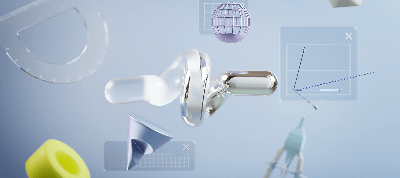 Abstract 3D shapes including a metallic twisted form and graphical data elements floating on a light blue background.